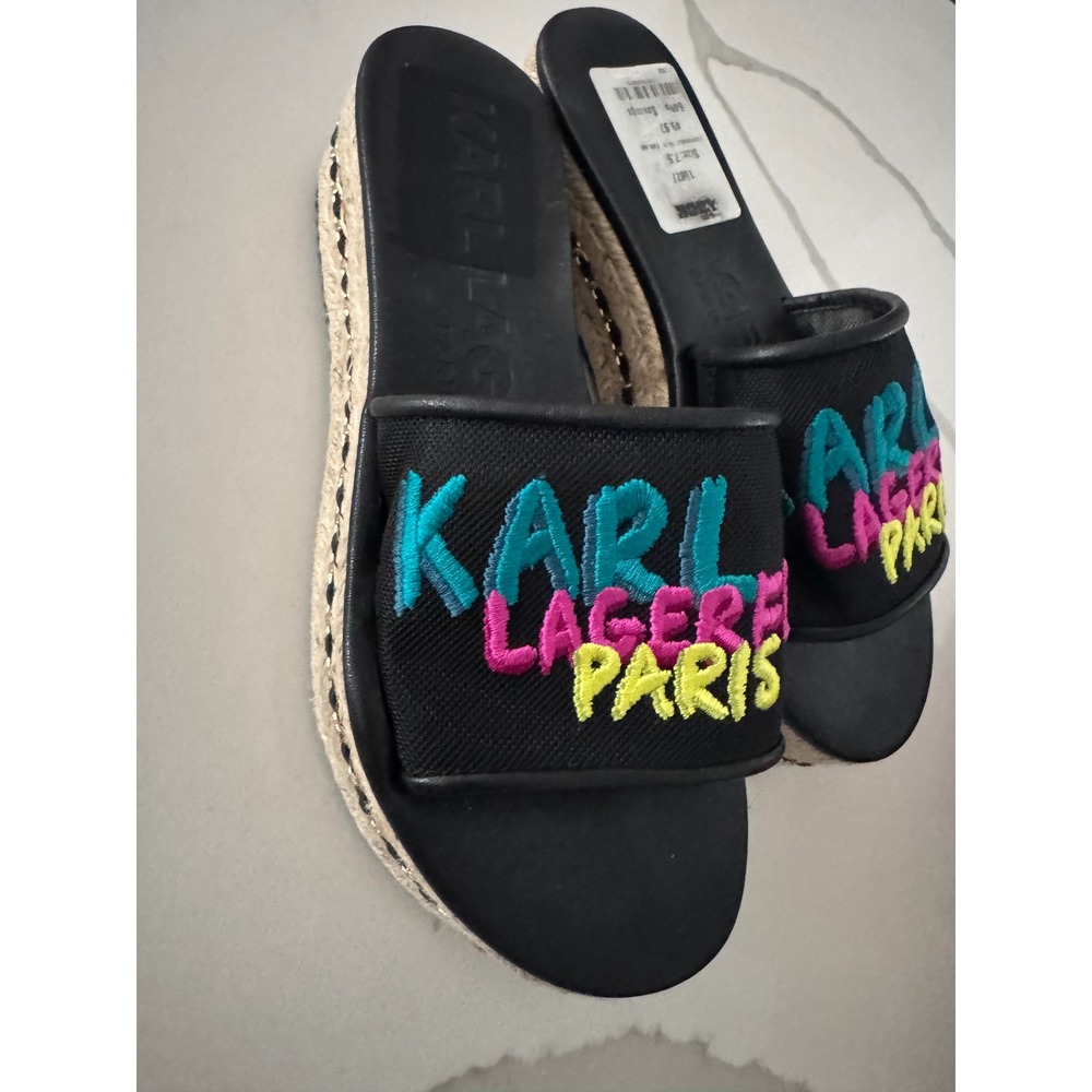 Karl Lagerfeld Paris Womens Logo Espadrille Slide Sandals Black Multi Size 7.5